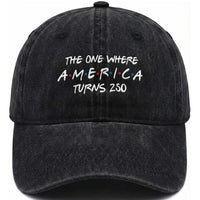 The One Where America Turns 250 Funny Sitcom Parody Washed Cotton Baseball Cap Red White and Blue Dots Retro TV Show Semiquincentennial
