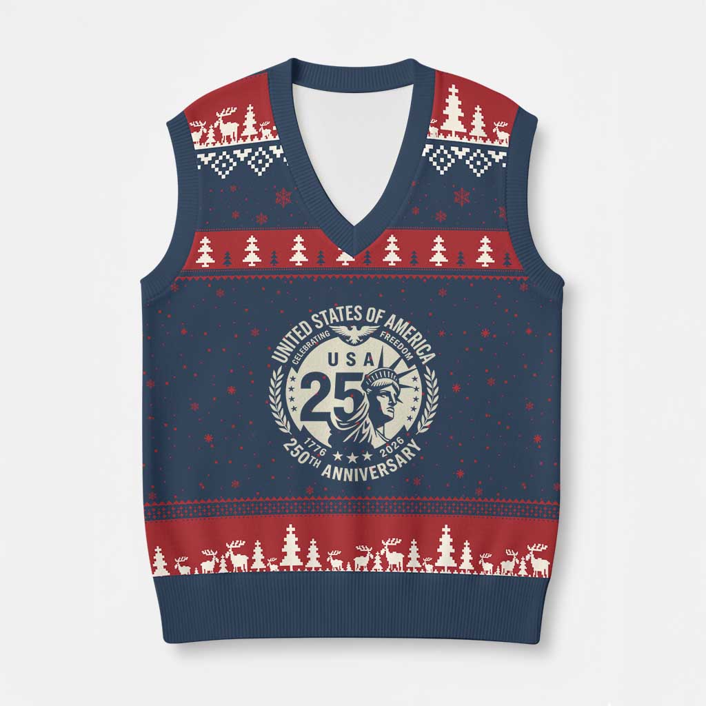 USA 250th Anniversary Statue of Liberty Vintage Crest V-Neck Knit Sweater Vest Celebrating Freedom 1776 to 2026 Semiquincentennial
