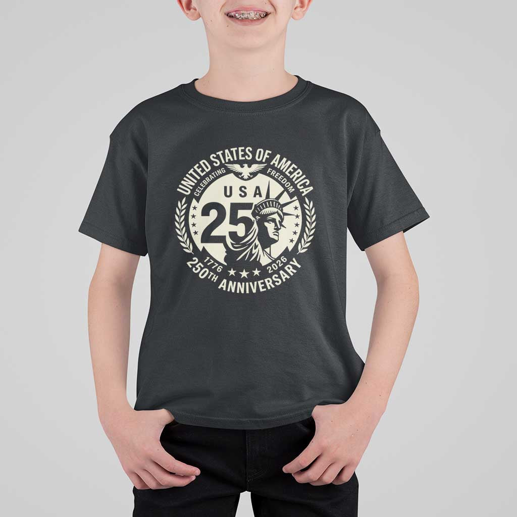 USA 250th Anniversary Statue of Liberty Vintage Crest T Shirt For Kid Celebrating Freedom 1776 to 2026 Semiquincentennial