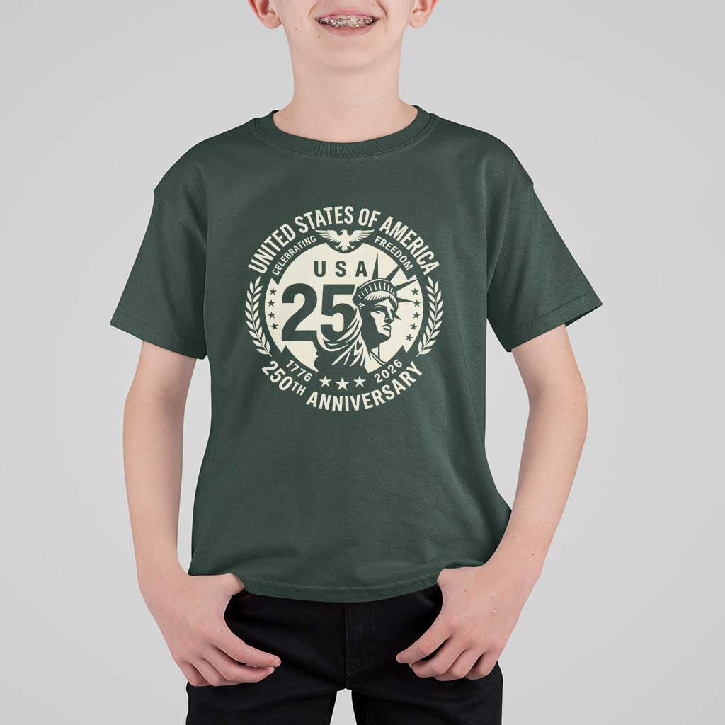 USA 250th Anniversary Statue of Liberty Vintage Crest T Shirt For Kid Celebrating Freedom 1776 to 2026 Semiquincentennial