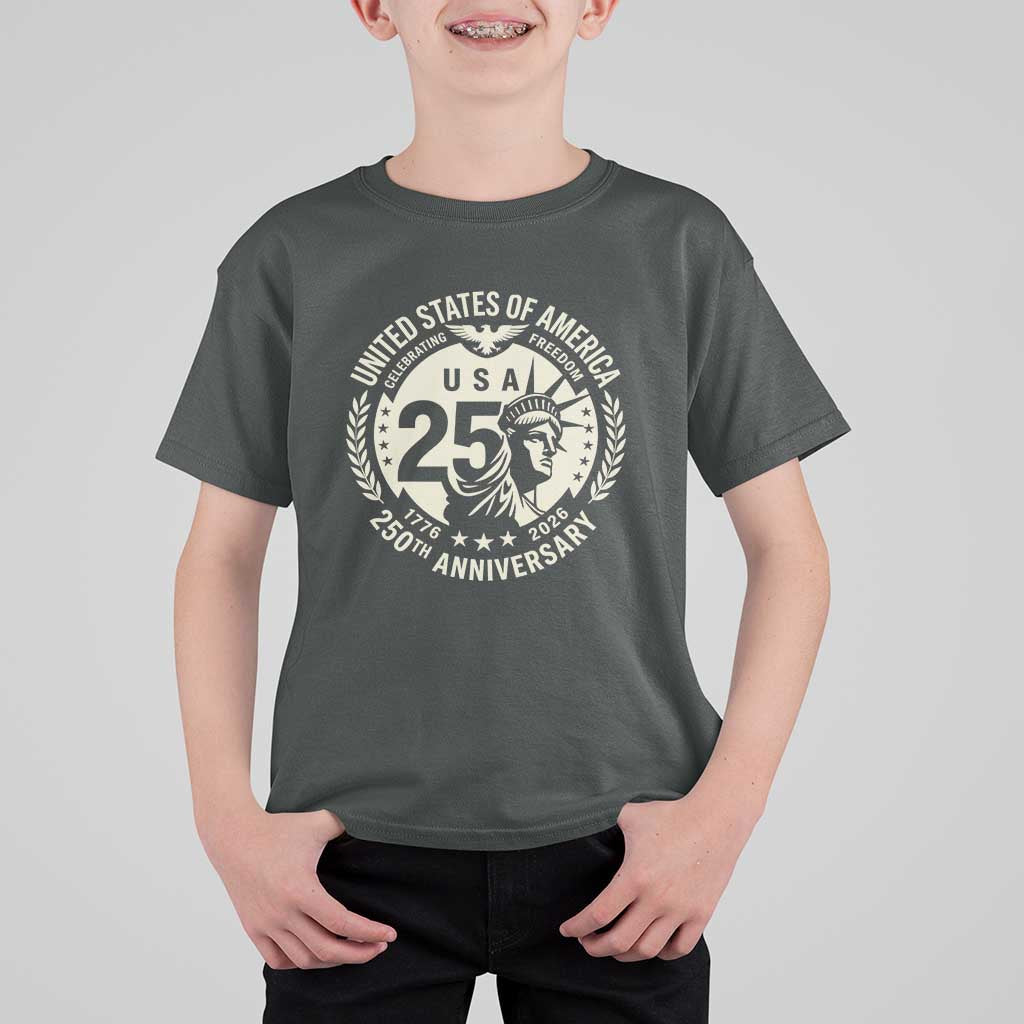 USA 250th Anniversary Statue of Liberty Vintage Crest T Shirt For Kid Celebrating Freedom 1776 to 2026 Semiquincentennial