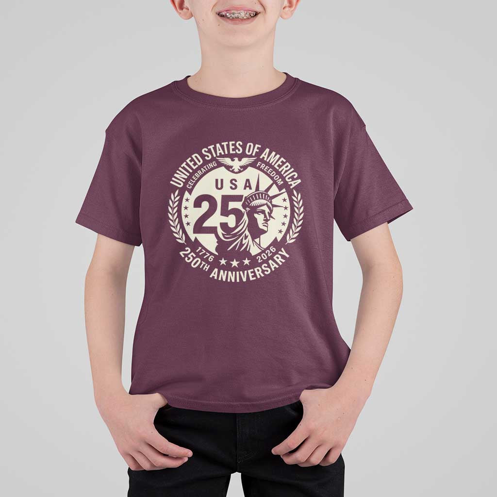 USA 250th Anniversary Statue of Liberty Vintage Crest T Shirt For Kid Celebrating Freedom 1776 to 2026 Semiquincentennial