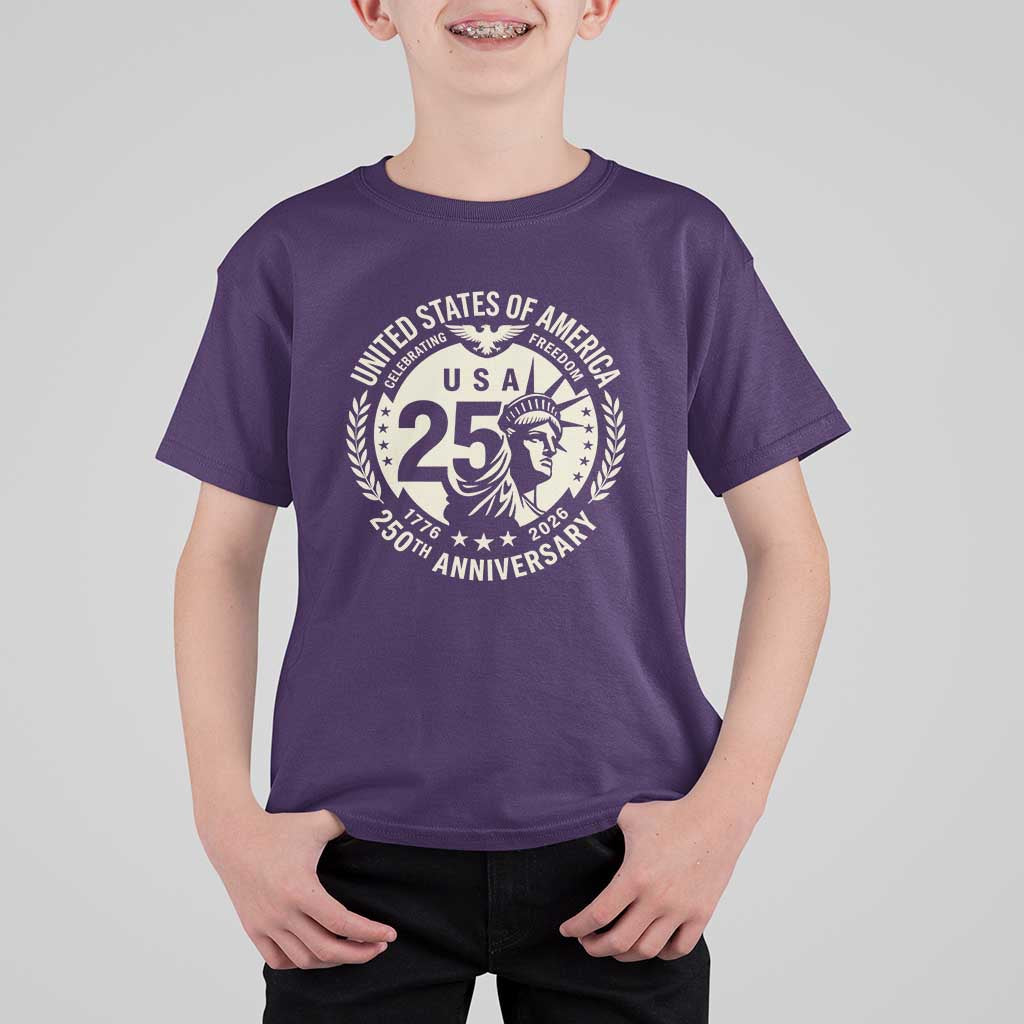 USA 250th Anniversary Statue of Liberty Vintage Crest T Shirt For Kid Celebrating Freedom 1776 to 2026 Semiquincentennial