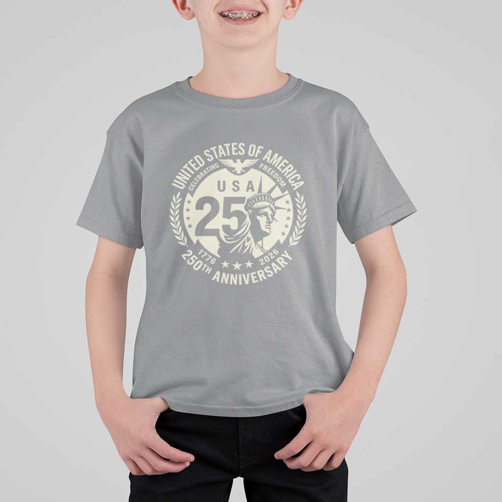 USA 250th Anniversary Statue of Liberty Vintage Crest T Shirt For Kid Celebrating Freedom 1776 to 2026 Semiquincentennial