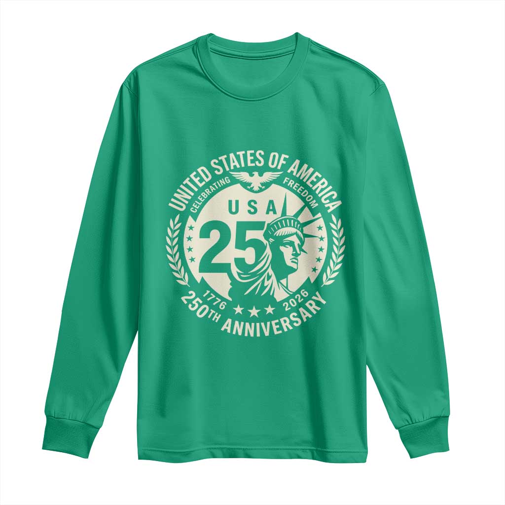 USA 250th Anniversary Statue of Liberty Vintage Crest Long Sleeve Shirt Celebrating Freedom 1776 to 2026 Semiquincentennial