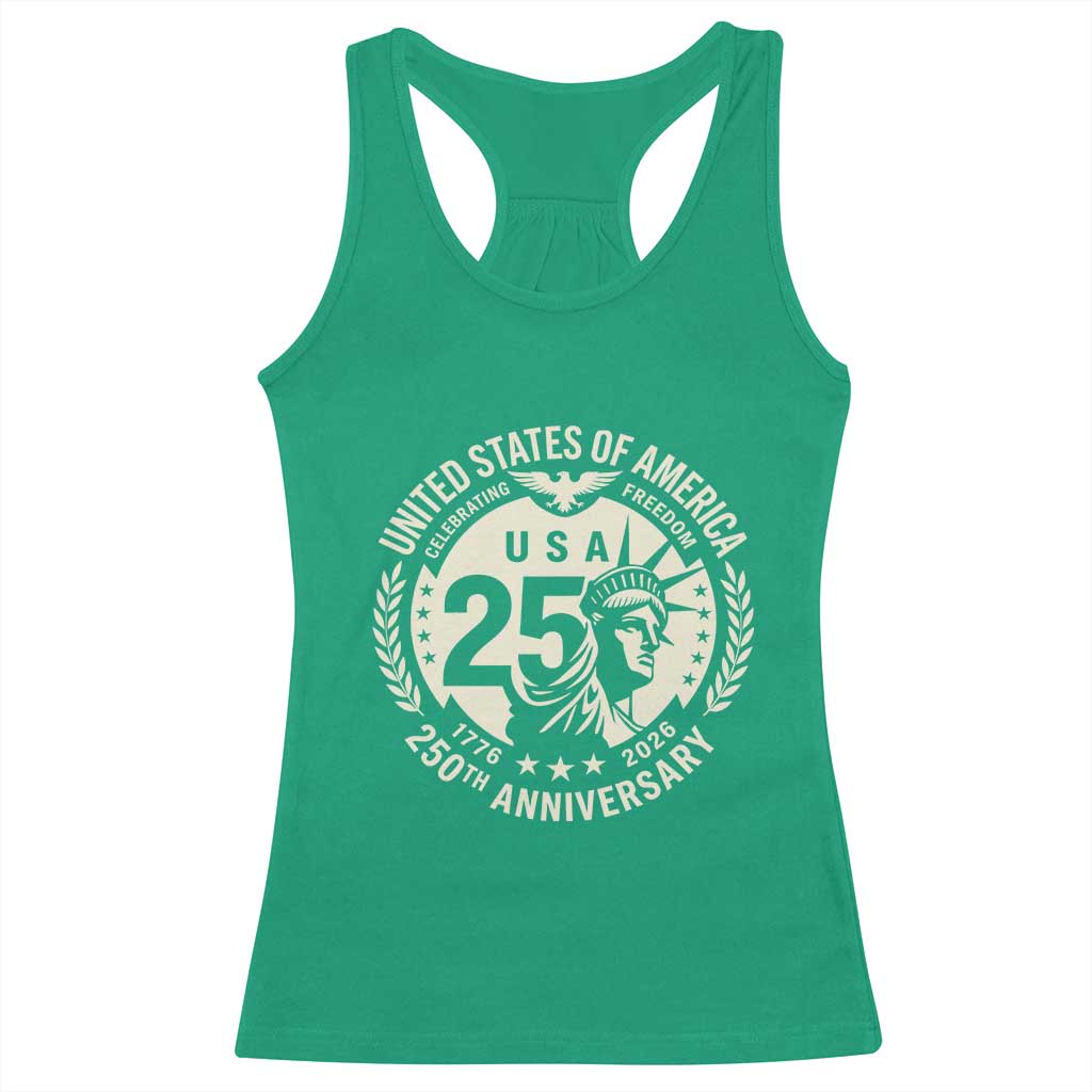 USA 250th Anniversary Statue of Liberty Vintage Crest Racerback Tank Top Celebrating Freedom 1776 to 2026 Semiquincentennial