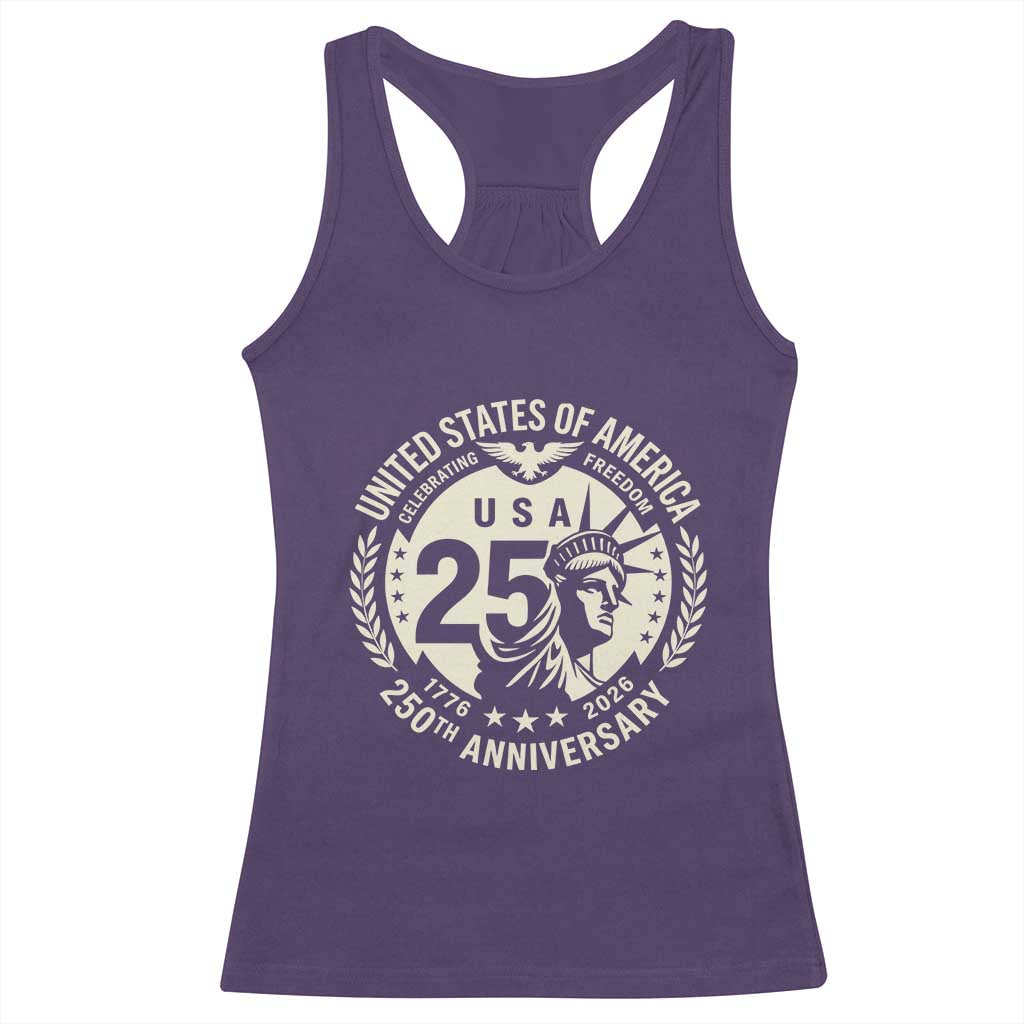USA 250th Anniversary Statue of Liberty Vintage Crest Racerback Tank Top Celebrating Freedom 1776 to 2026 Semiquincentennial