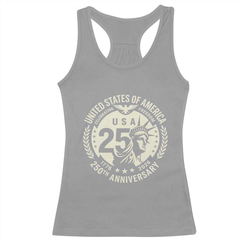 USA 250th Anniversary Statue of Liberty Vintage Crest Racerback Tank Top Celebrating Freedom 1776 to 2026 Semiquincentennial