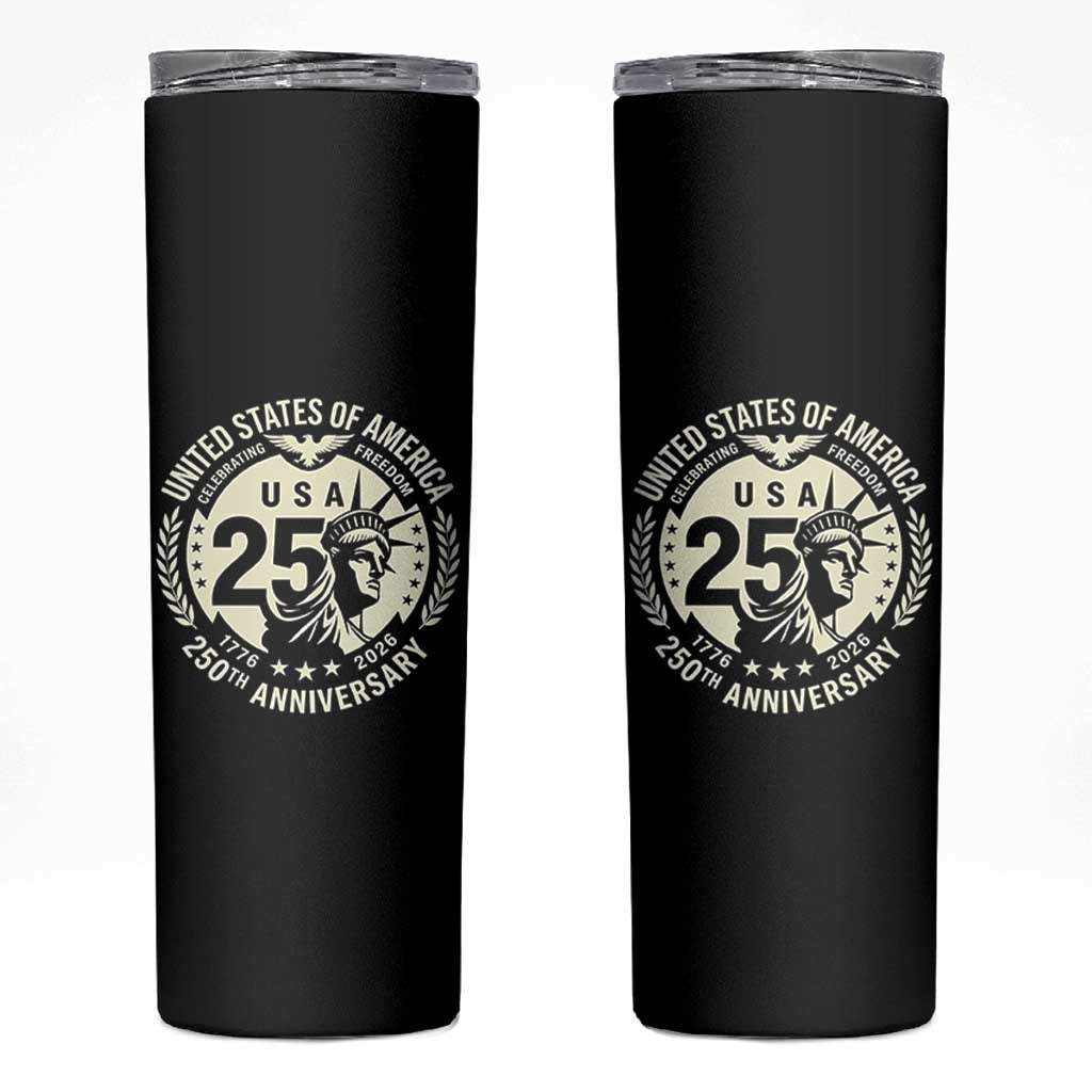 USA 250th Anniversary Statue of Liberty Vintage Crest Skinny Tumbler Celebrating Freedom 1776 to 2026 Semiquincentennial