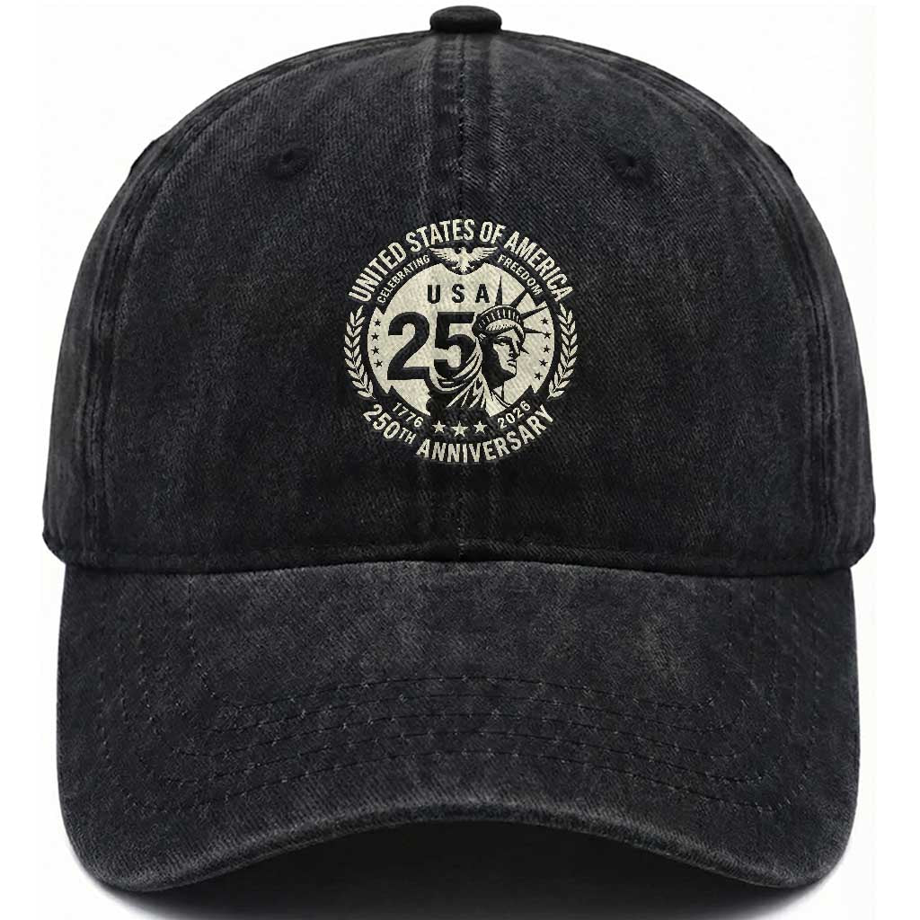 USA 250th Anniversary Statue of Liberty Vintage Crest Washed Cotton Baseball Cap Celebrating Freedom 1776 to 2026 Semiquincentennial