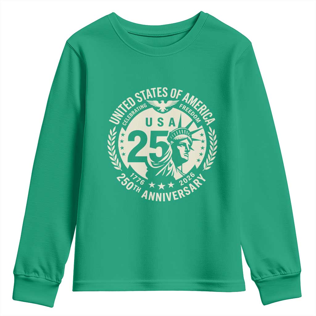 USA 250th Anniversary Statue of Liberty Vintage Crest Youth Sweatshirt Celebrating Freedom 1776 to 2026 Semiquincentennial