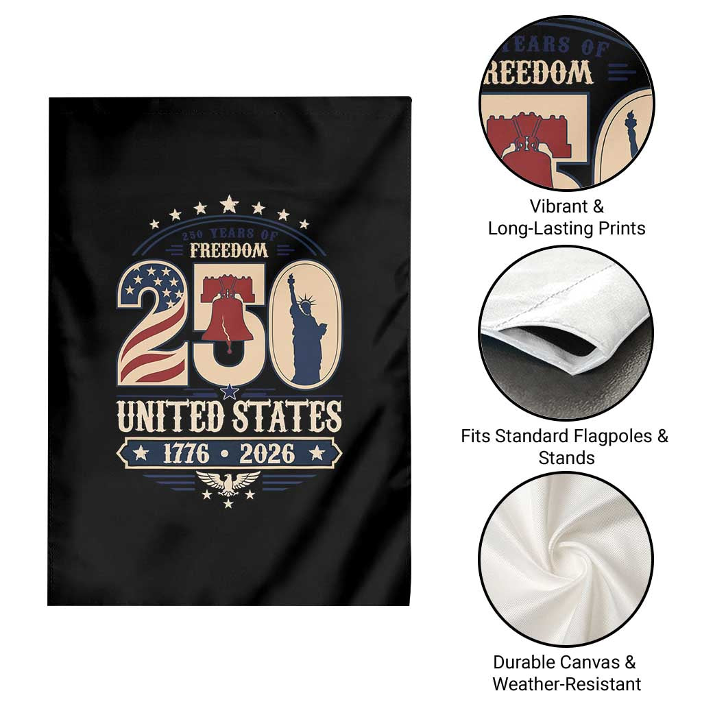 250 Years of Freedom Liberty Bell and Statue of Liberty Graphic Garden Flag 1776 2026 US Pride American Flag Graphic Emblem