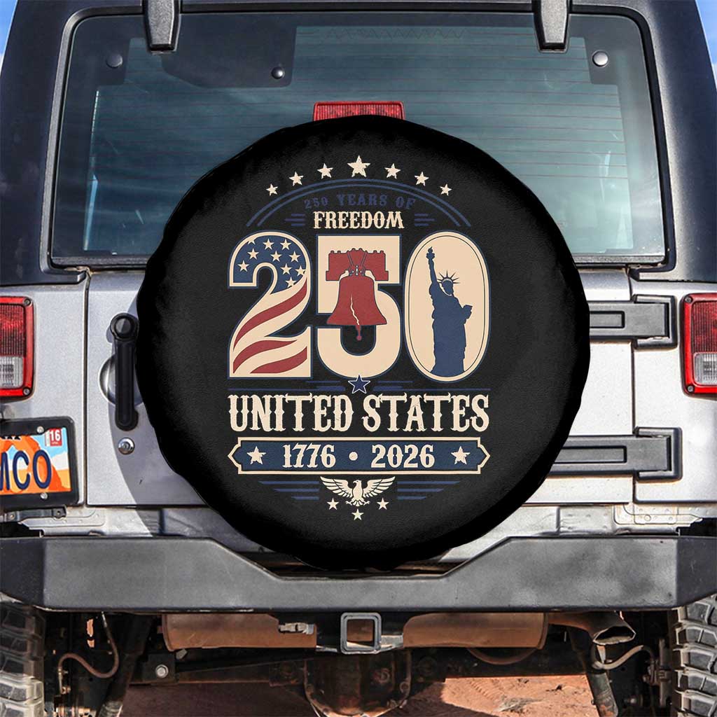 250 Years of Freedom Liberty Bell and Statue of Liberty Graphic Spare Tire Cover 1776 2026 US Pride American Flag Graphic Emblem