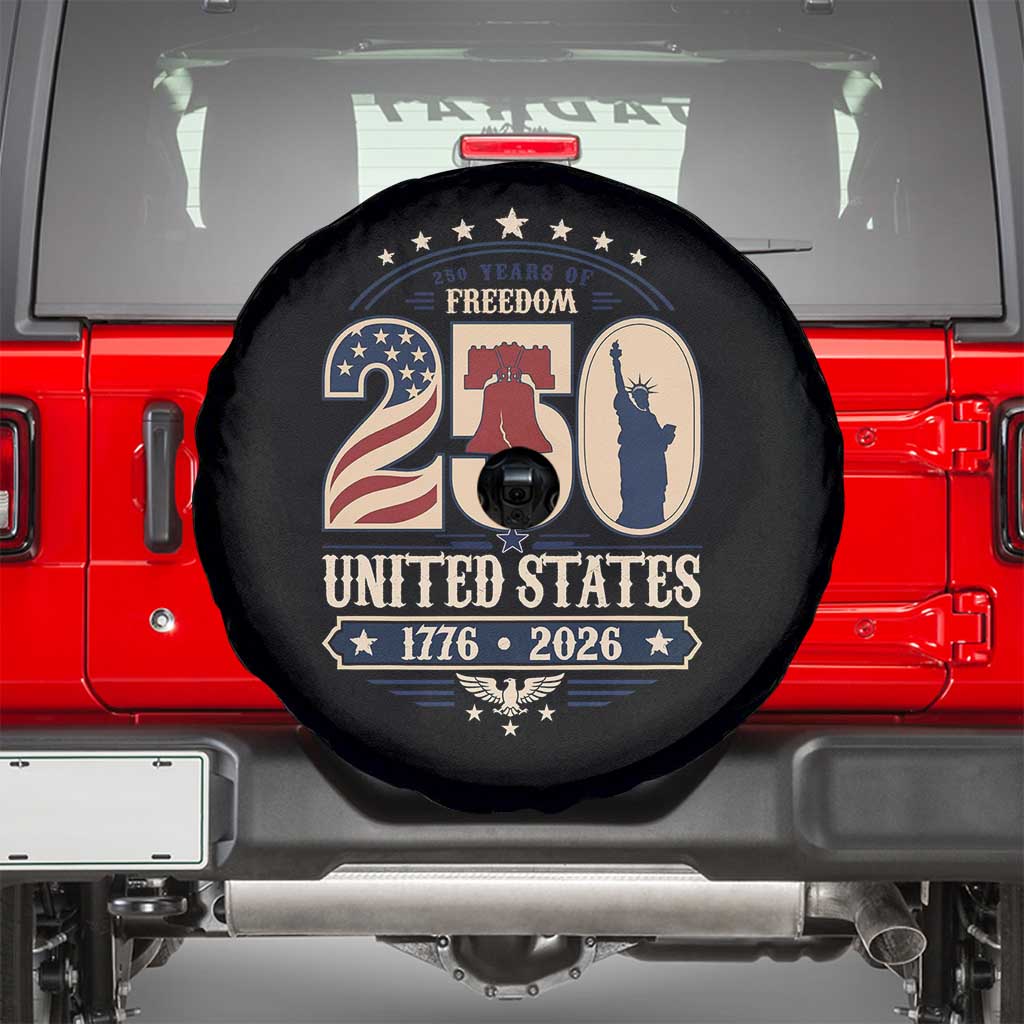 250 Years of Freedom Liberty Bell and Statue of Liberty Graphic Spare Tire Cover 1776 2026 US Pride American Flag Graphic Emblem