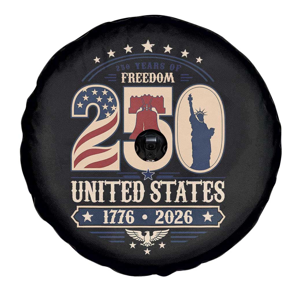 250 Years of Freedom Liberty Bell and Statue of Liberty Graphic Spare Tire Cover 1776 2026 US Pride American Flag Graphic Emblem