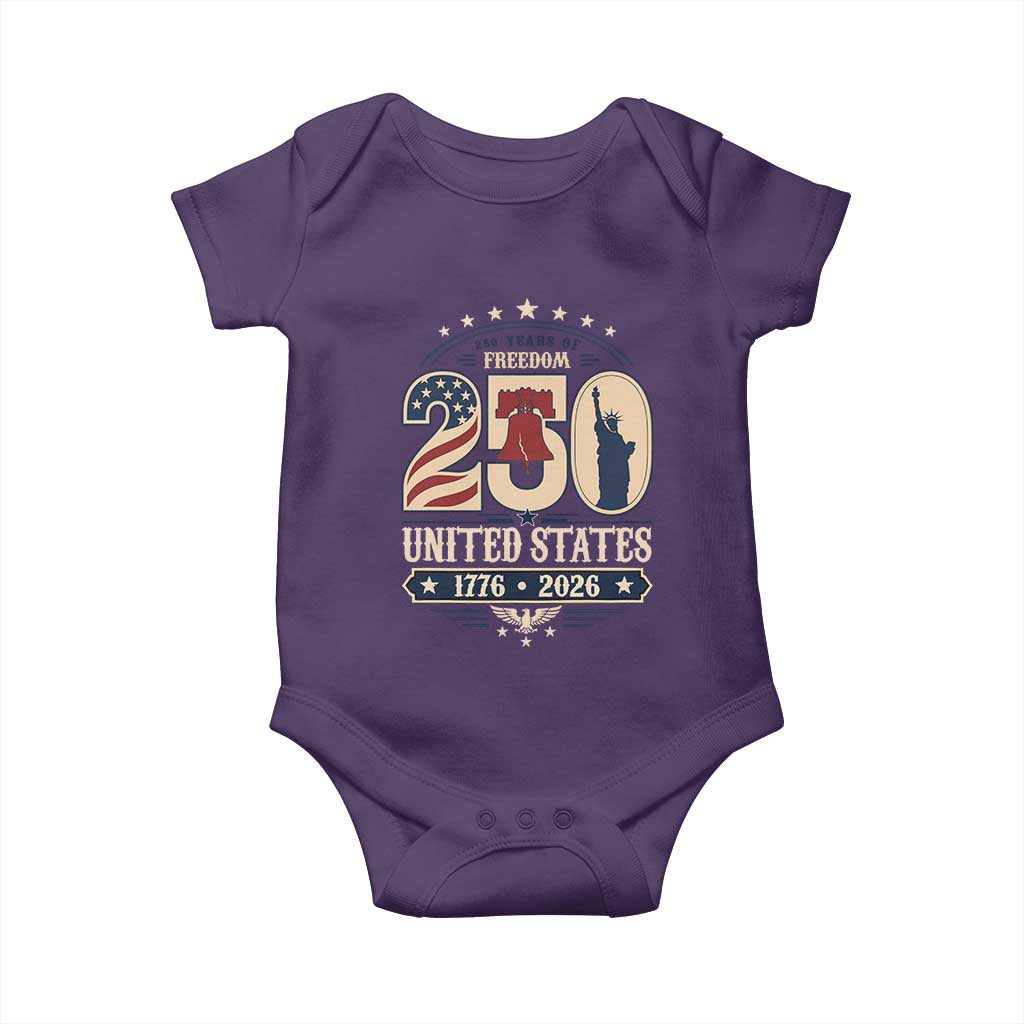 250 Years of Freedom Liberty Bell and Statue of Liberty Graphic Baby Onesie 1776 2026 US Pride American Flag Graphic Emblem