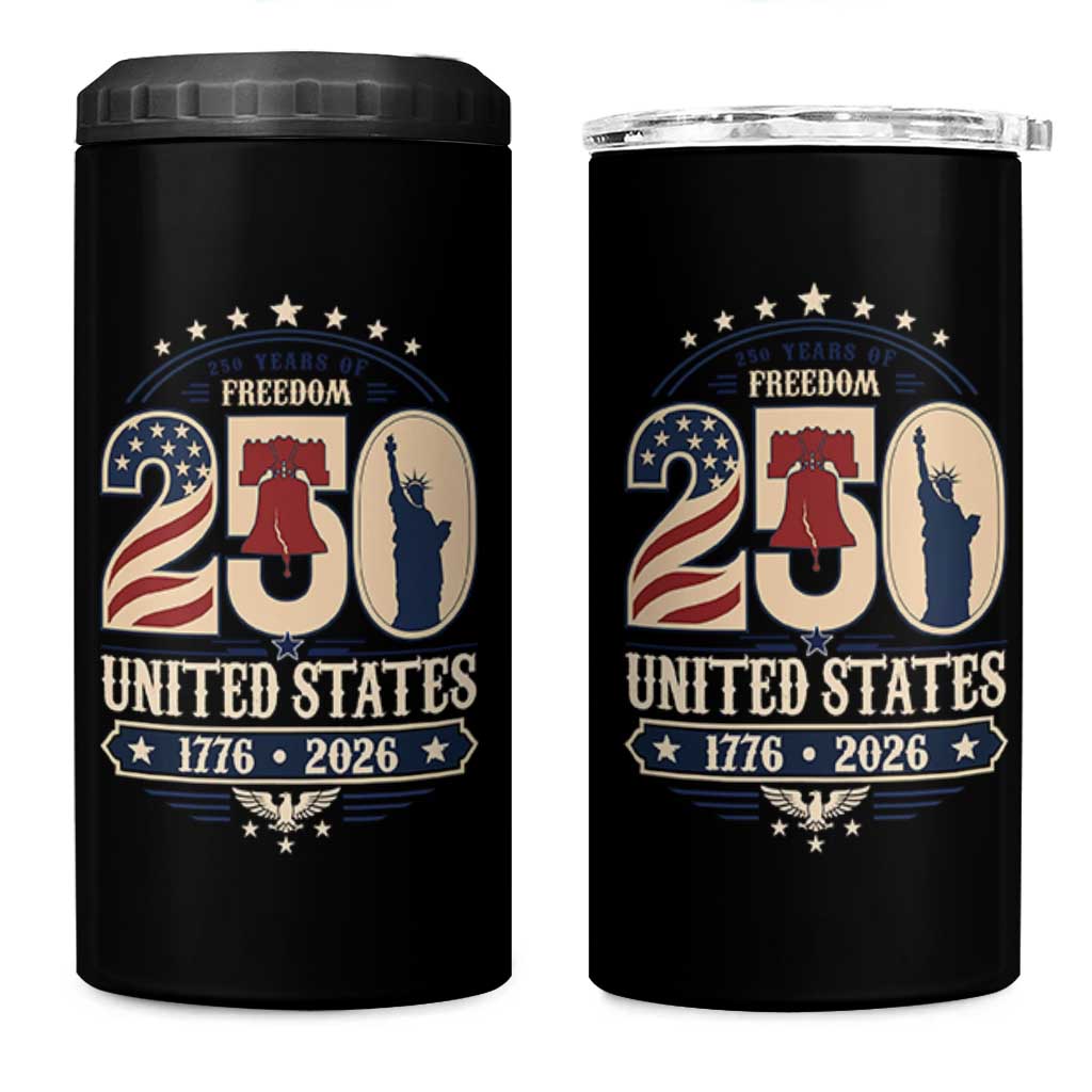 250 Years of Freedom Liberty Bell and Statue of Liberty Graphic 4 in 1 Can Cooler Tumbler 1776 2026 US Pride American Flag Graphic Emblem