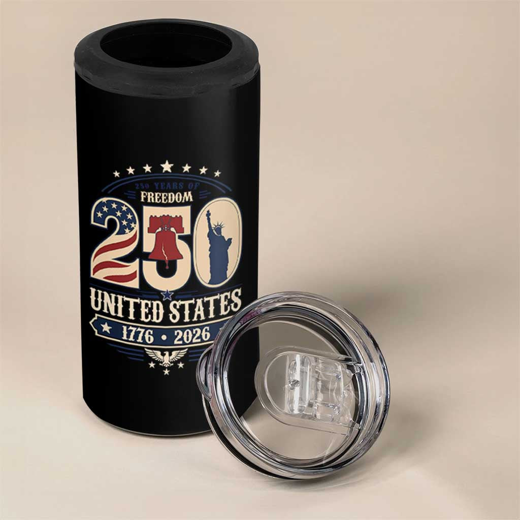250 Years of Freedom Liberty Bell and Statue of Liberty Graphic 4 in 1 Can Cooler Tumbler 1776 2026 US Pride American Flag Graphic Emblem