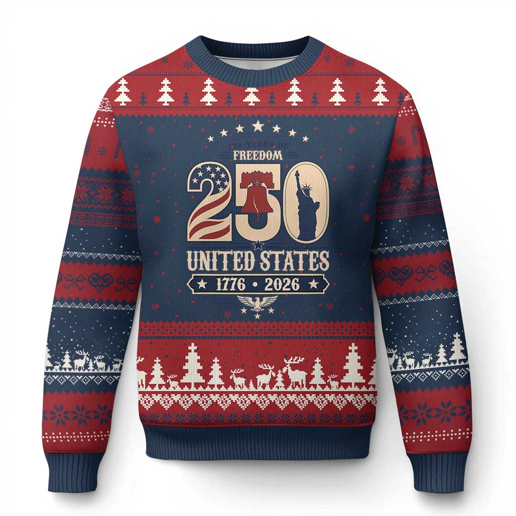 250 Years of Freedom Liberty Bell and Statue of Liberty Graphic Ugly Christmas Sweater 1776 2026 US Pride American Flag Graphic Emblem