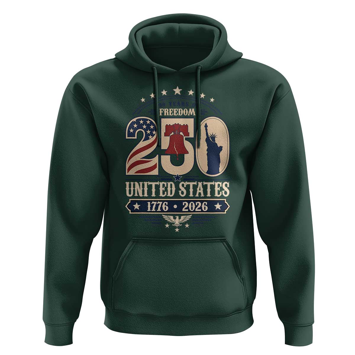 250 Years of Freedom Liberty Bell and Statue of Liberty Graphic Hoodie 1776 2026 US Pride American Flag Graphic Emblem