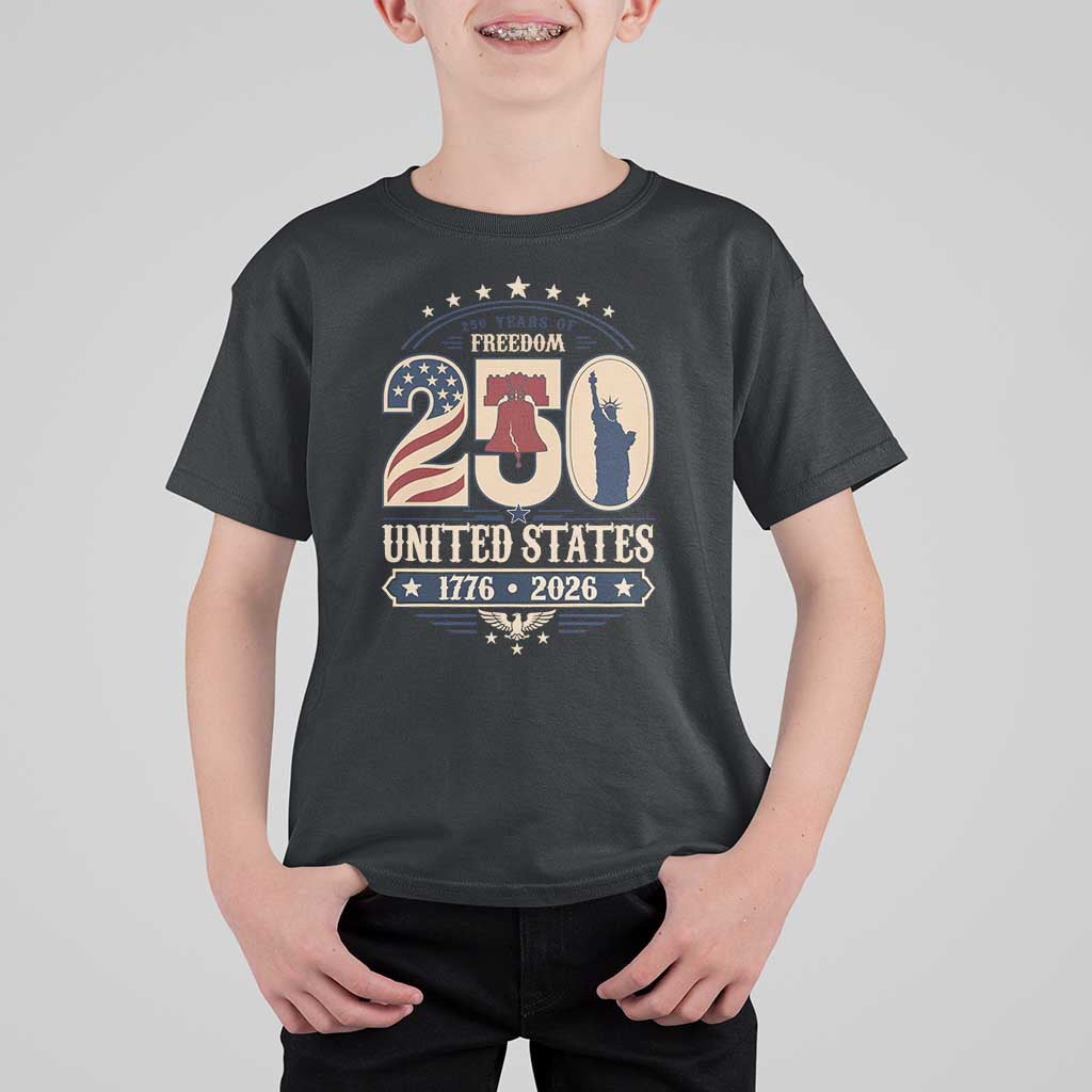 250 Years of Freedom Liberty Bell and Statue of Liberty Graphic T Shirt For Kid 1776 2026 US Pride American Flag Graphic Emblem
