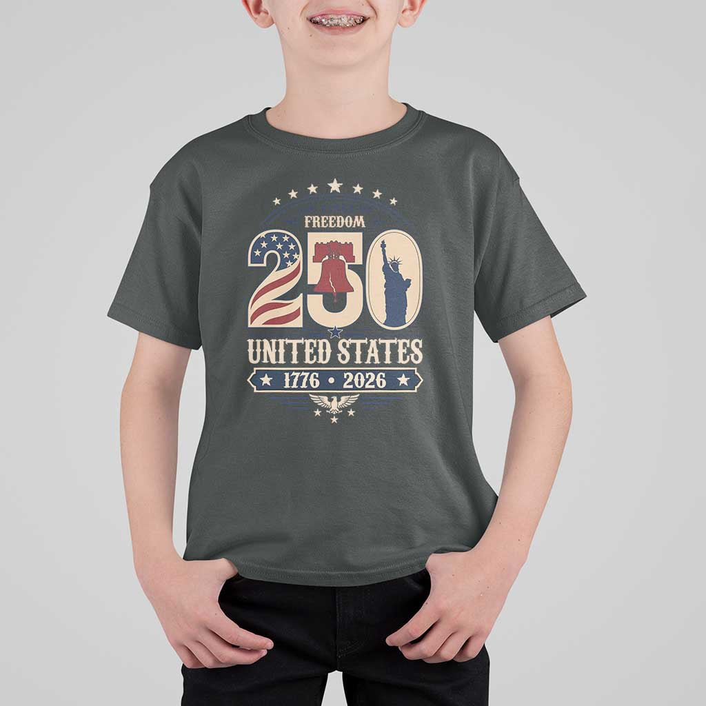 250 Years of Freedom Liberty Bell and Statue of Liberty Graphic T Shirt For Kid 1776 2026 US Pride American Flag Graphic Emblem