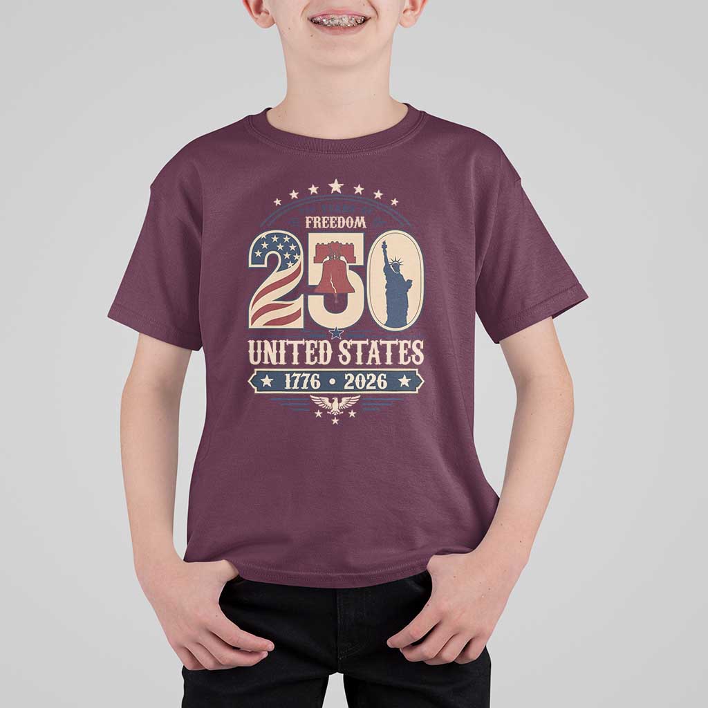 250 Years of Freedom Liberty Bell and Statue of Liberty Graphic T Shirt For Kid 1776 2026 US Pride American Flag Graphic Emblem