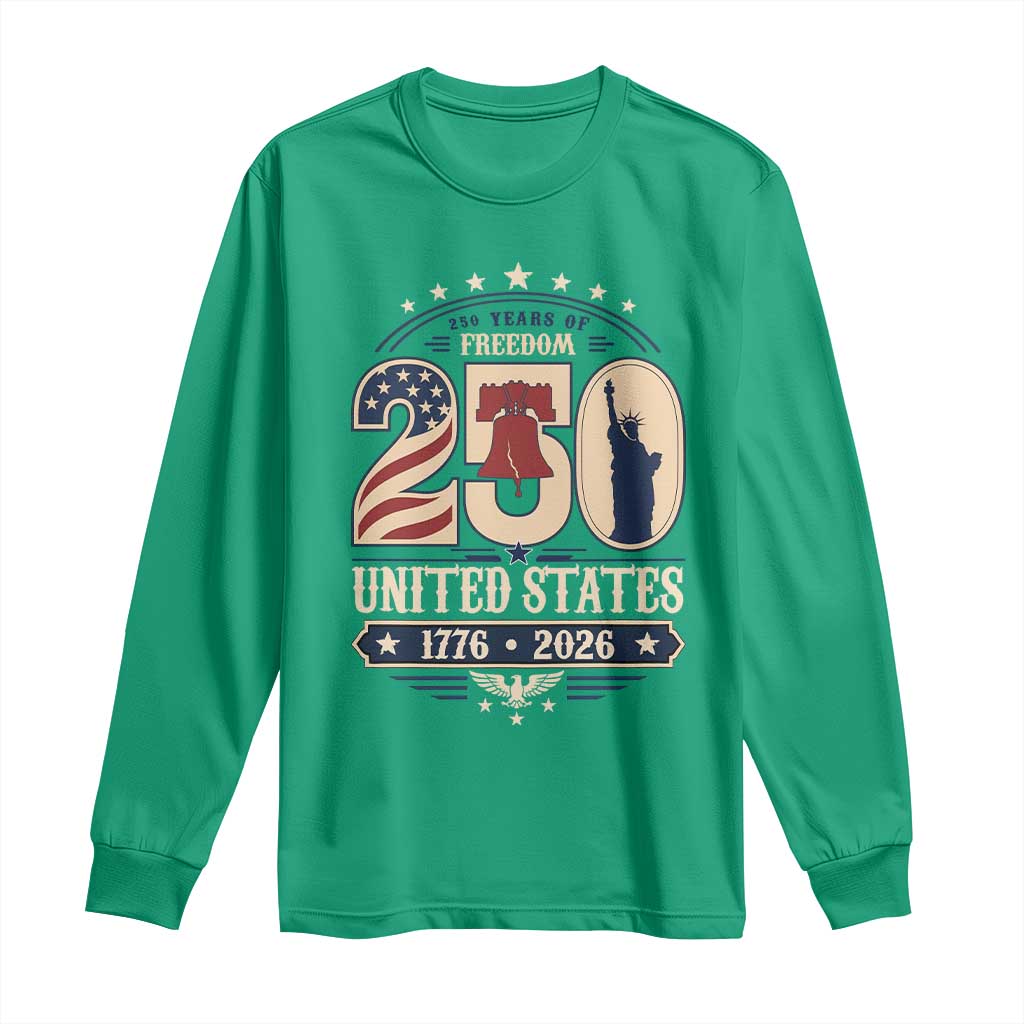 250 Years of Freedom Liberty Bell and Statue of Liberty Graphic Long Sleeve Shirt 1776 2026 US Pride American Flag Graphic Emblem