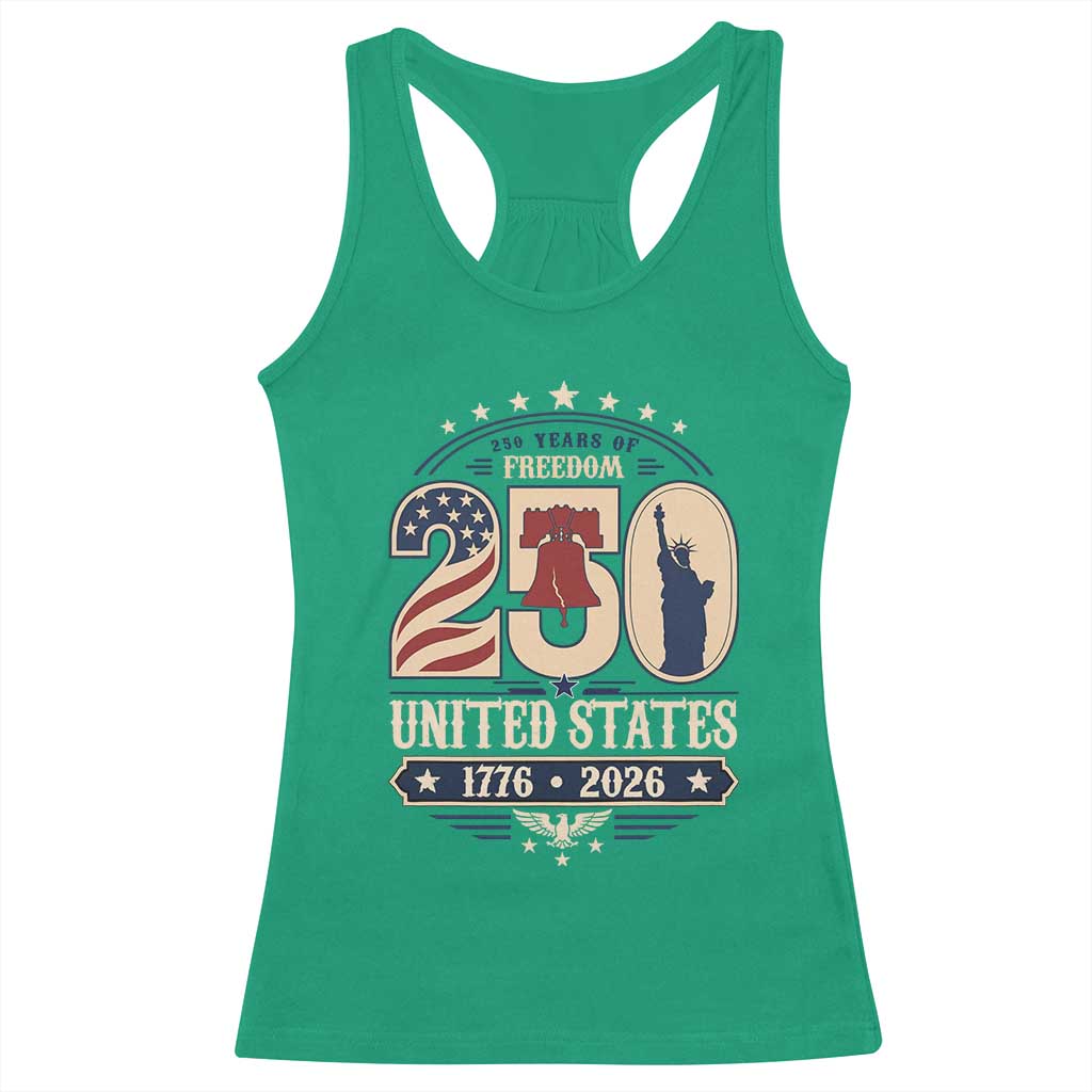250 Years of Freedom Liberty Bell and Statue of Liberty Graphic Racerback Tank Top 1776 2026 US Pride American Flag Graphic Emblem