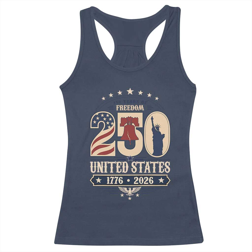 250 Years of Freedom Liberty Bell and Statue of Liberty Graphic Racerback Tank Top 1776 2026 US Pride American Flag Graphic Emblem