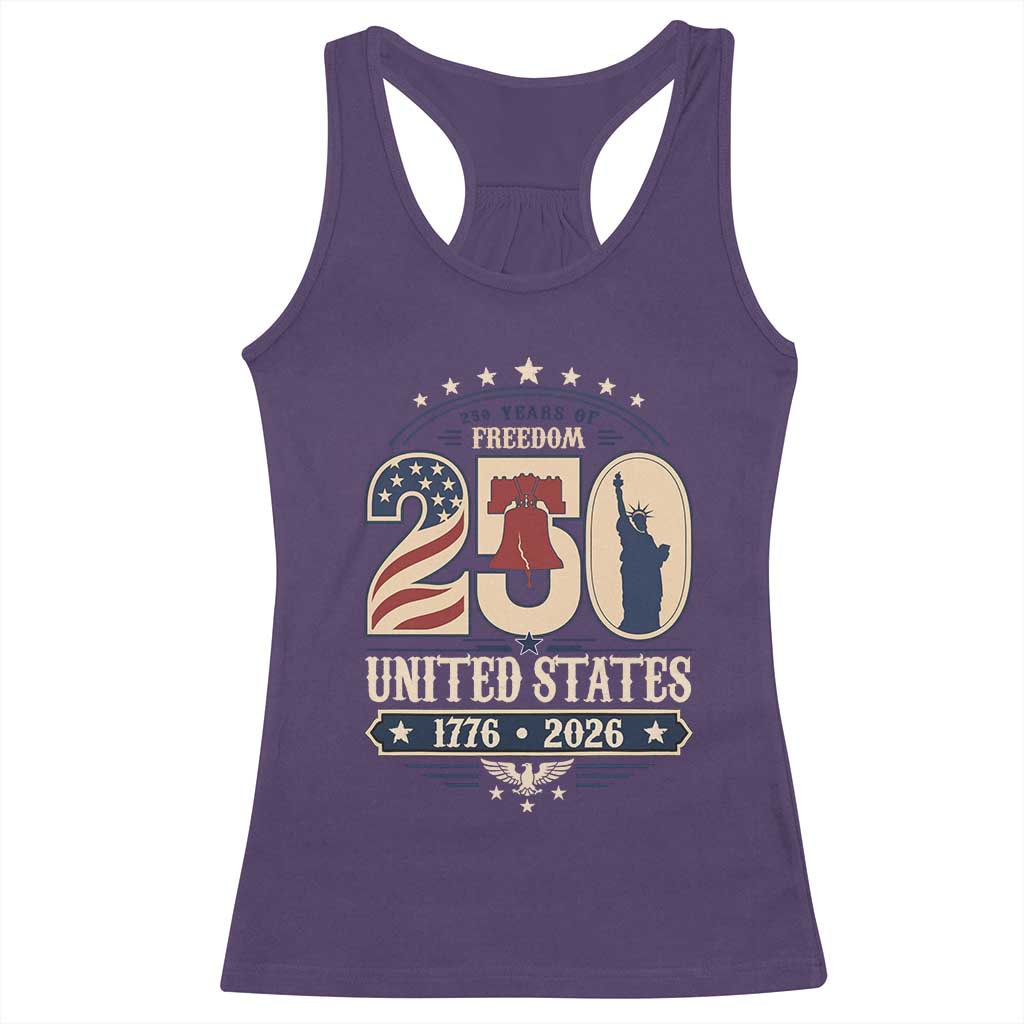 250 Years of Freedom Liberty Bell and Statue of Liberty Graphic Racerback Tank Top 1776 2026 US Pride American Flag Graphic Emblem