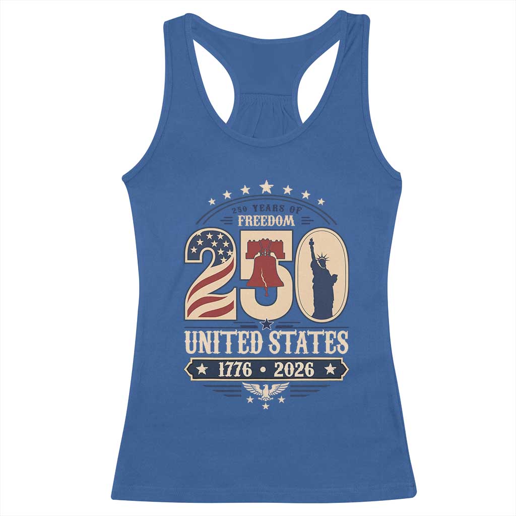 250 Years of Freedom Liberty Bell and Statue of Liberty Graphic Racerback Tank Top 1776 2026 US Pride American Flag Graphic Emblem