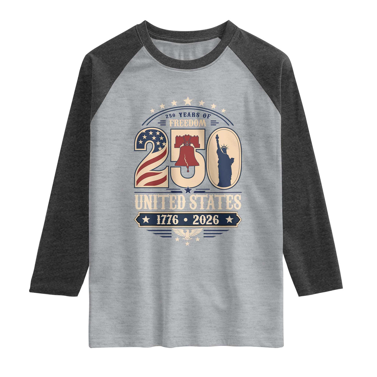 250 Years of Freedom Liberty Bell and Statue of Liberty Graphic Raglan Shirt 1776 2026 US Pride American Flag Graphic Emblem