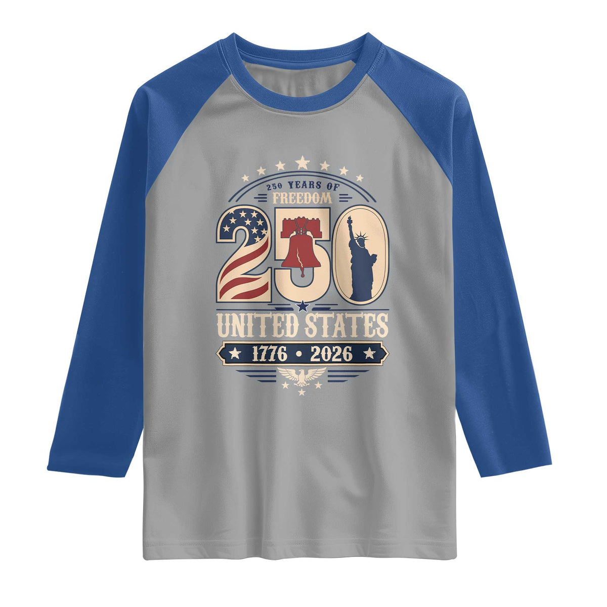 250 Years of Freedom Liberty Bell and Statue of Liberty Graphic Raglan Shirt 1776 2026 US Pride American Flag Graphic Emblem