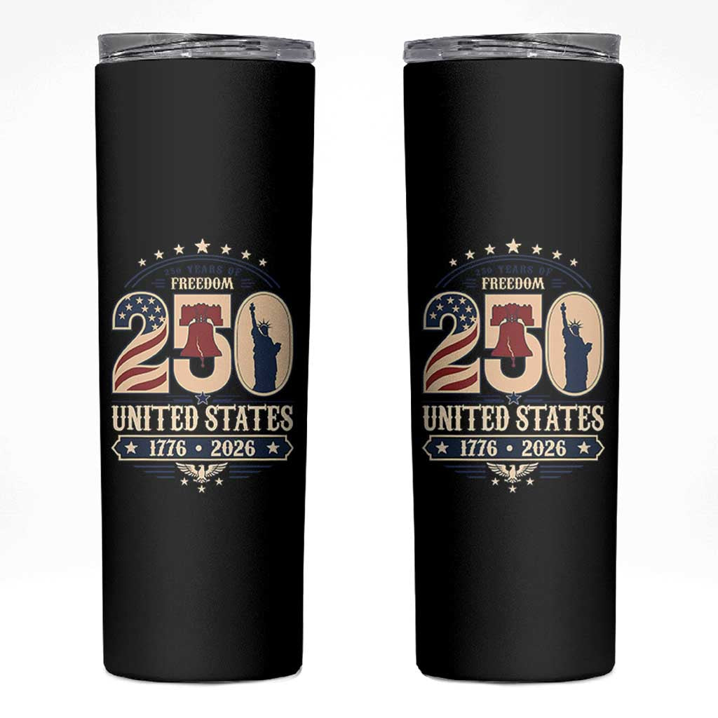 250 Years of Freedom Liberty Bell and Statue of Liberty Graphic Skinny Tumbler 1776 2026 US Pride American Flag Graphic Emblem