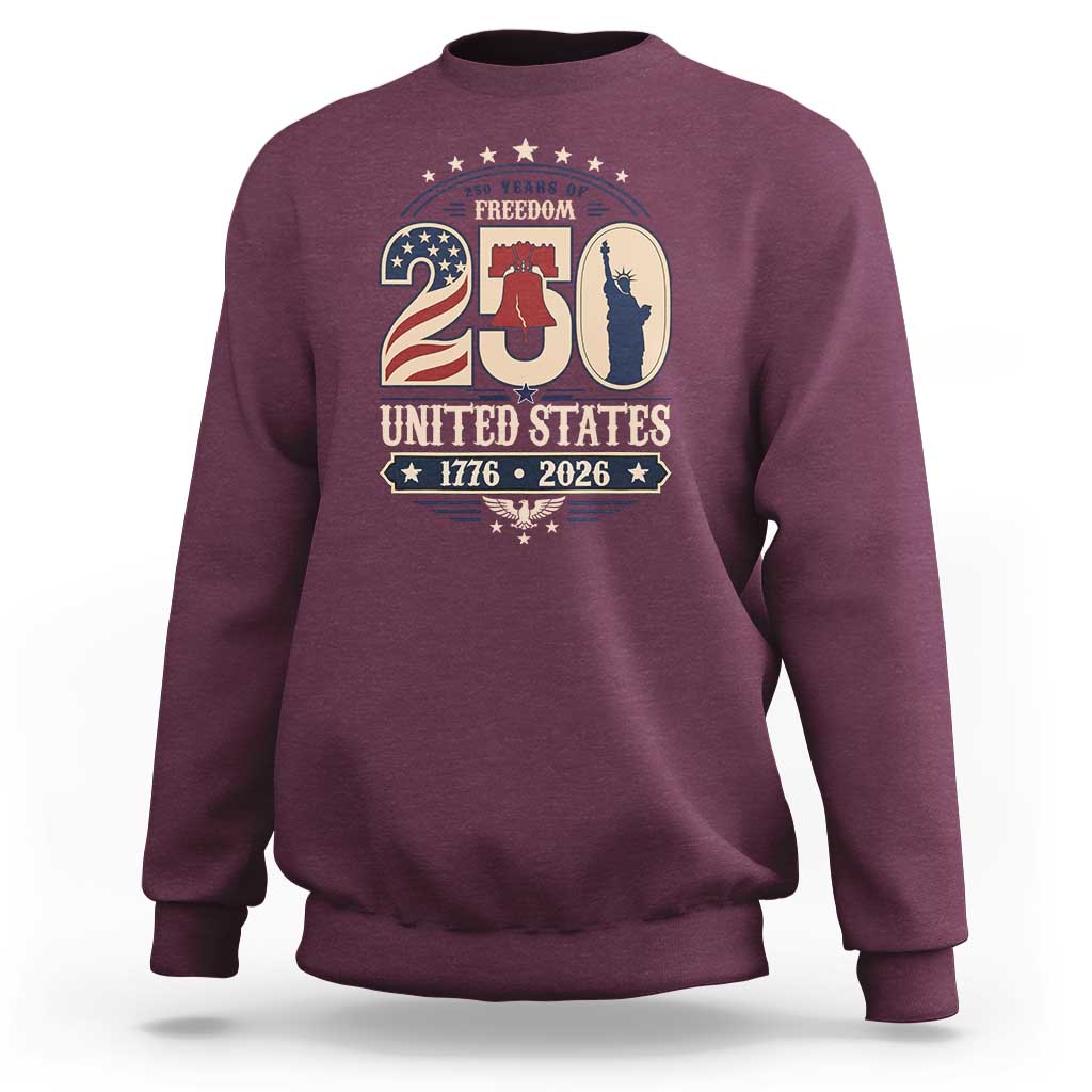 250 Years of Freedom Liberty Bell and Statue of Liberty Graphic Sweatshirt 1776 2026 US Pride American Flag Graphic Emblem