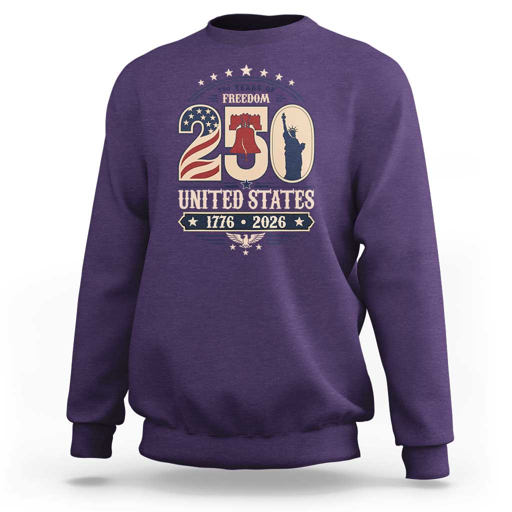 250 Years of Freedom Liberty Bell and Statue of Liberty Graphic Sweatshirt 1776 2026 US Pride American Flag Graphic Emblem