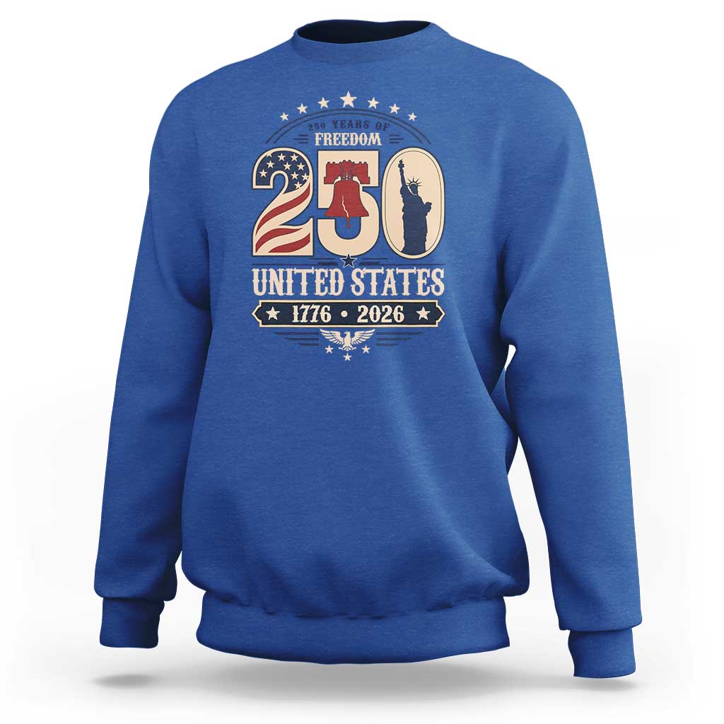250 Years of Freedom Liberty Bell and Statue of Liberty Graphic Sweatshirt 1776 2026 US Pride American Flag Graphic Emblem