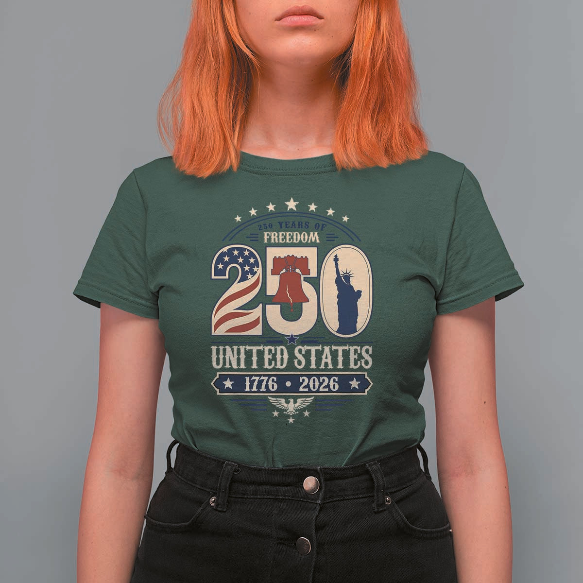 250 Years of Freedom Liberty Bell and Statue of Liberty Graphic T Shirt For Women 1776 2026 US Pride American Flag Graphic Emblem