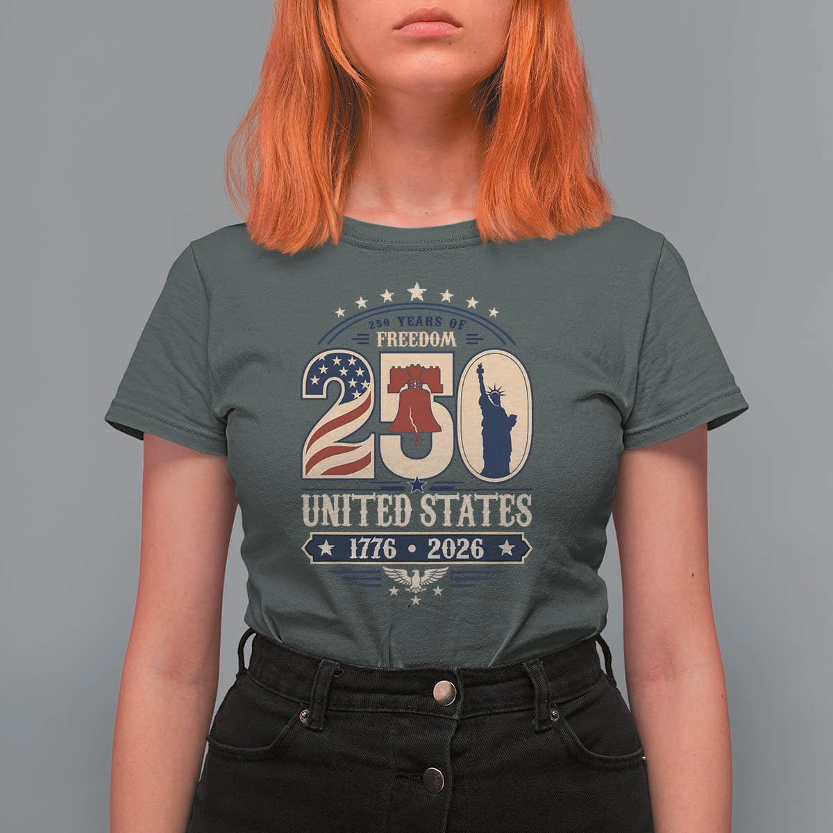 250 Years of Freedom Liberty Bell and Statue of Liberty Graphic T Shirt For Women 1776 2026 US Pride American Flag Graphic Emblem