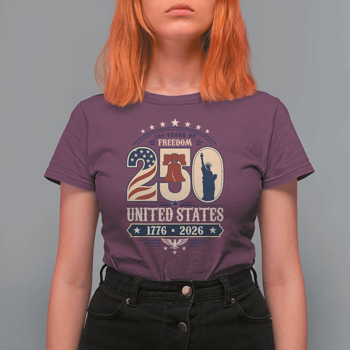 250 Years of Freedom Liberty Bell and Statue of Liberty Graphic T Shirt For Women 1776 2026 US Pride American Flag Graphic Emblem