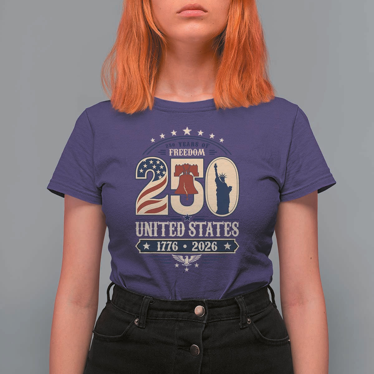 250 Years of Freedom Liberty Bell and Statue of Liberty Graphic T Shirt For Women 1776 2026 US Pride American Flag Graphic Emblem