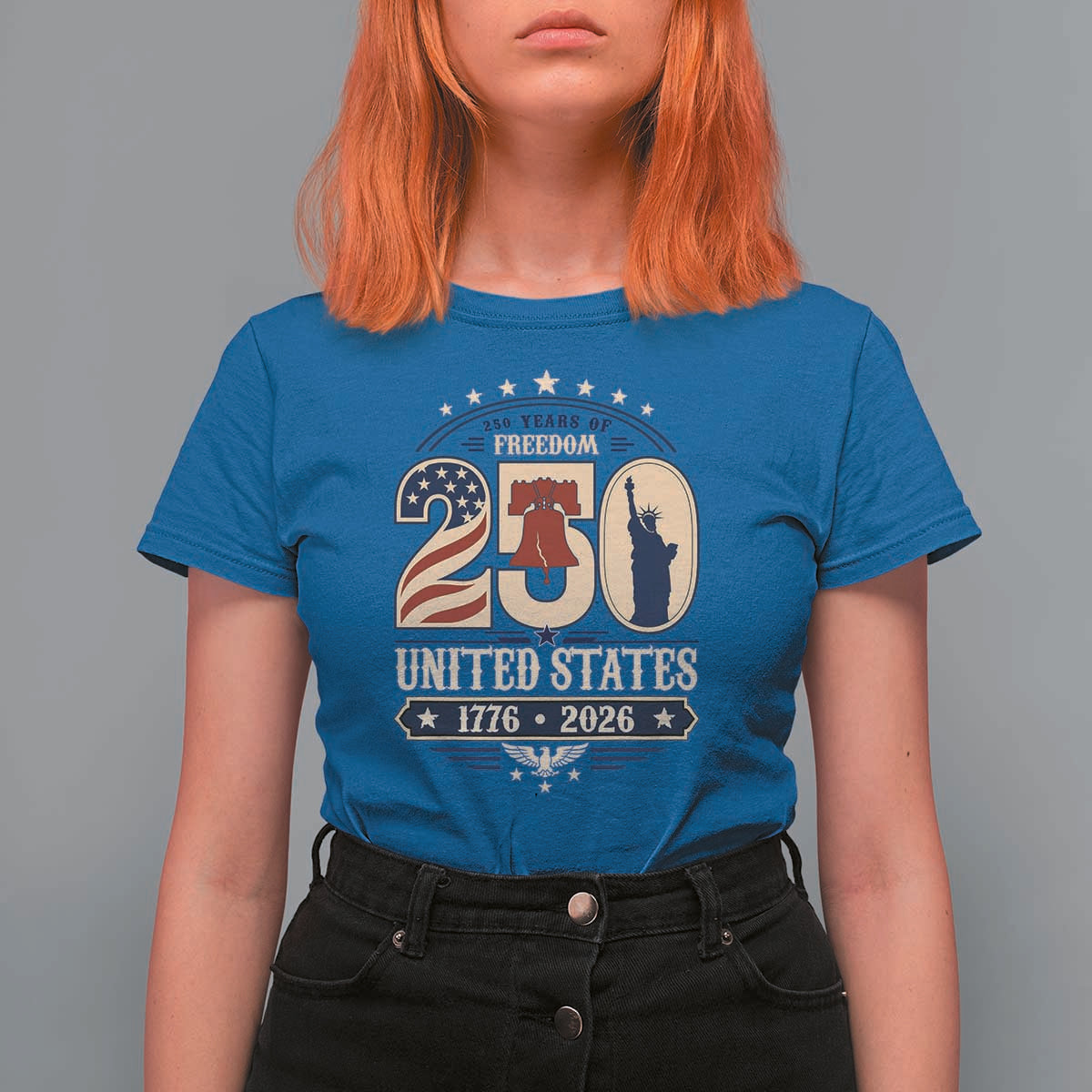 250 Years of Freedom Liberty Bell and Statue of Liberty Graphic T Shirt For Women 1776 2026 US Pride American Flag Graphic Emblem