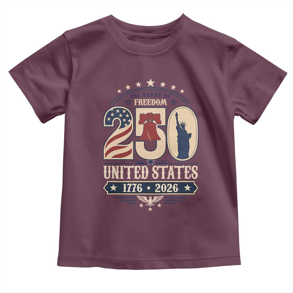 250 Years of Freedom Liberty Bell and Statue of Liberty Graphic Toddler T Shirt 1776 2026 US Pride American Flag Graphic Emblem