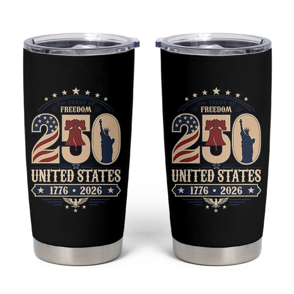 250 Years of Freedom Liberty Bell and Statue of Liberty Graphic Tumbler Cup 1776 2026 US Pride American Flag Graphic Emblem