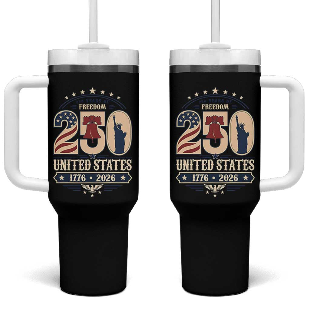 250 Years of Freedom Liberty Bell and Statue of Liberty Graphic Tumbler With Handle 1776 2026 US Pride American Flag Graphic Emblem