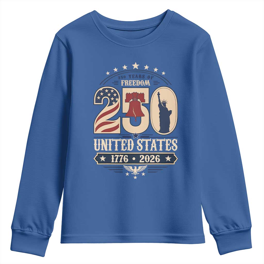 250 Years of Freedom Liberty Bell and Statue of Liberty Graphic Youth Sweatshirt 1776 2026 US Pride American Flag Graphic Emblem