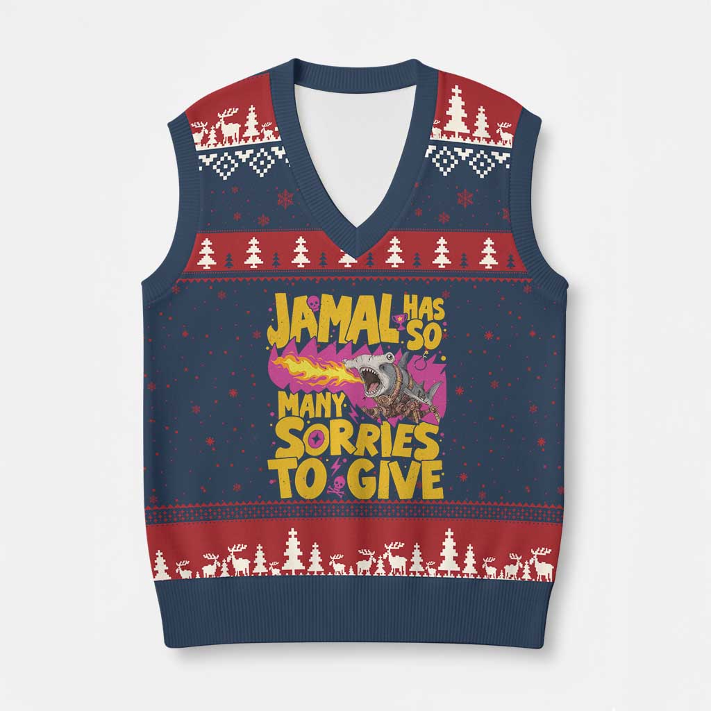 Jamal Has So Many Sorries To Give V-Neck Knit Sweater Vest Funny Fire Breathing Hammerhead Shark Gamer