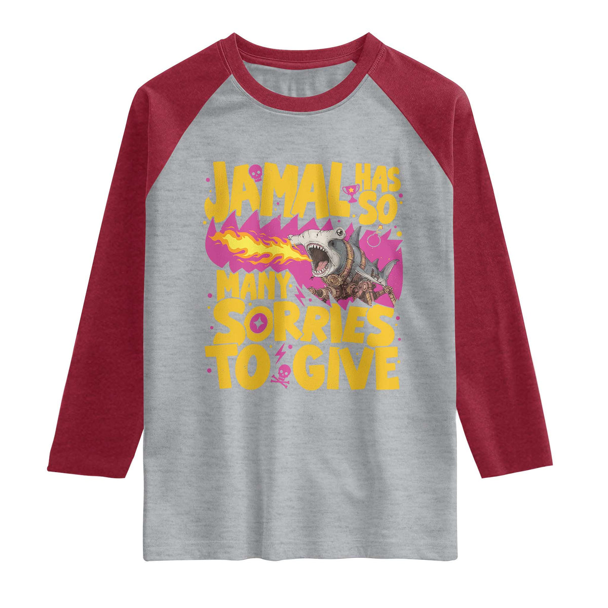 Jamal Has So Many Sorries To Give Raglan Shirt Funny Fire Breathing Hammerhead Shark Gamer