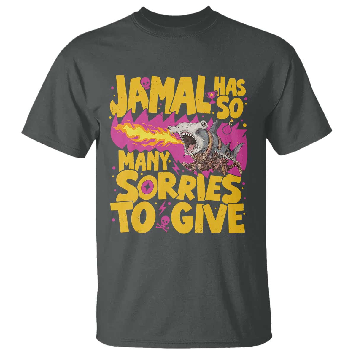Jamal Has So Many Sorries To Give T Shirt Funny Fire Breathing Hammerhead Shark Gamer